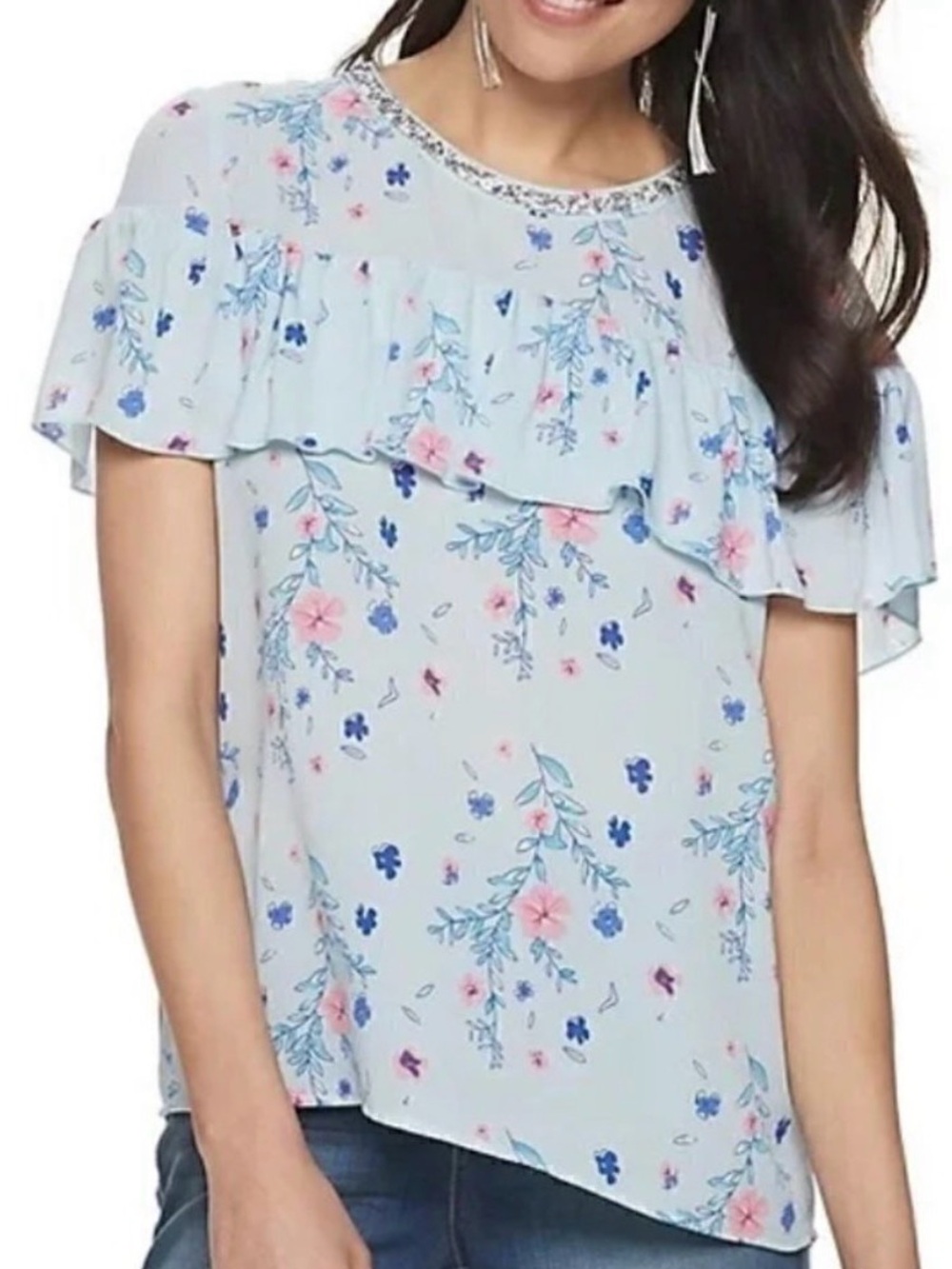 JUICY Couture Light Blue Floral Ruffle Layer Top Size Large